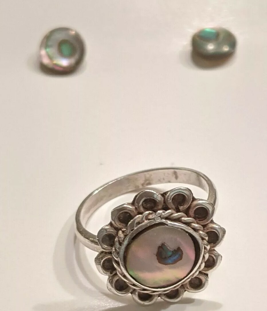Abalone Shell Ring Earring Set Signed TM Mexico S… - image 2