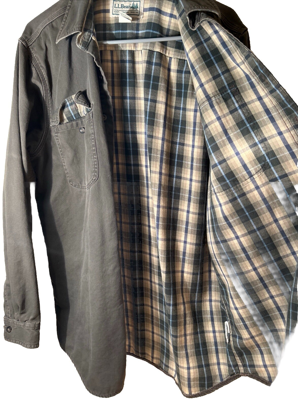 Vintage LL Bean Green Plaid Flannel Shacket Barn Jacket Size M Tall