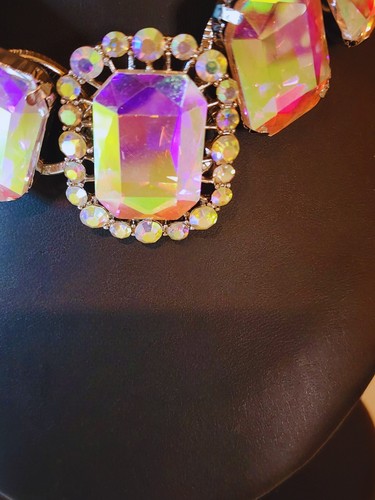 ISC Rhodium Crystal AB Necklace Iridescent Rainbow Statement NWT Bling - Picture 2 of 5