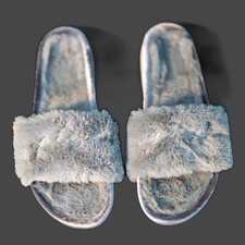 Victoria's Secret PINK Script Logo Grey Faux Fur Fuzzy Slippers Sz Large