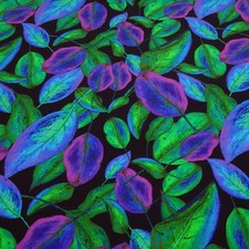 Stoff Viskose Jersey Blätter Herbst Design schwarz grün lila blau Kleiderstoff