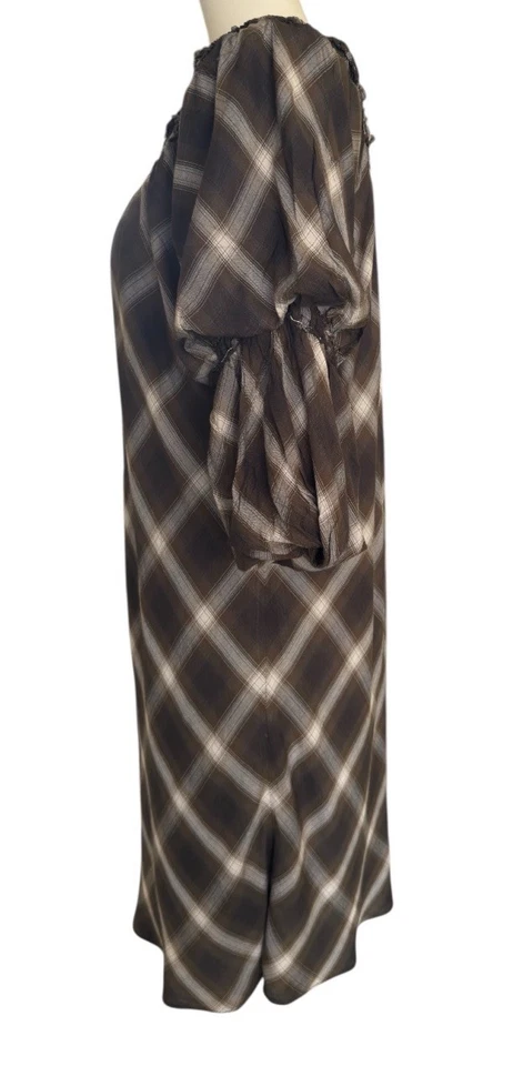 Max Studio Plaid Off Shoulder Boho Bell Sleeve Lined Pullover Dress Women's Sz L - Image 3 of 4