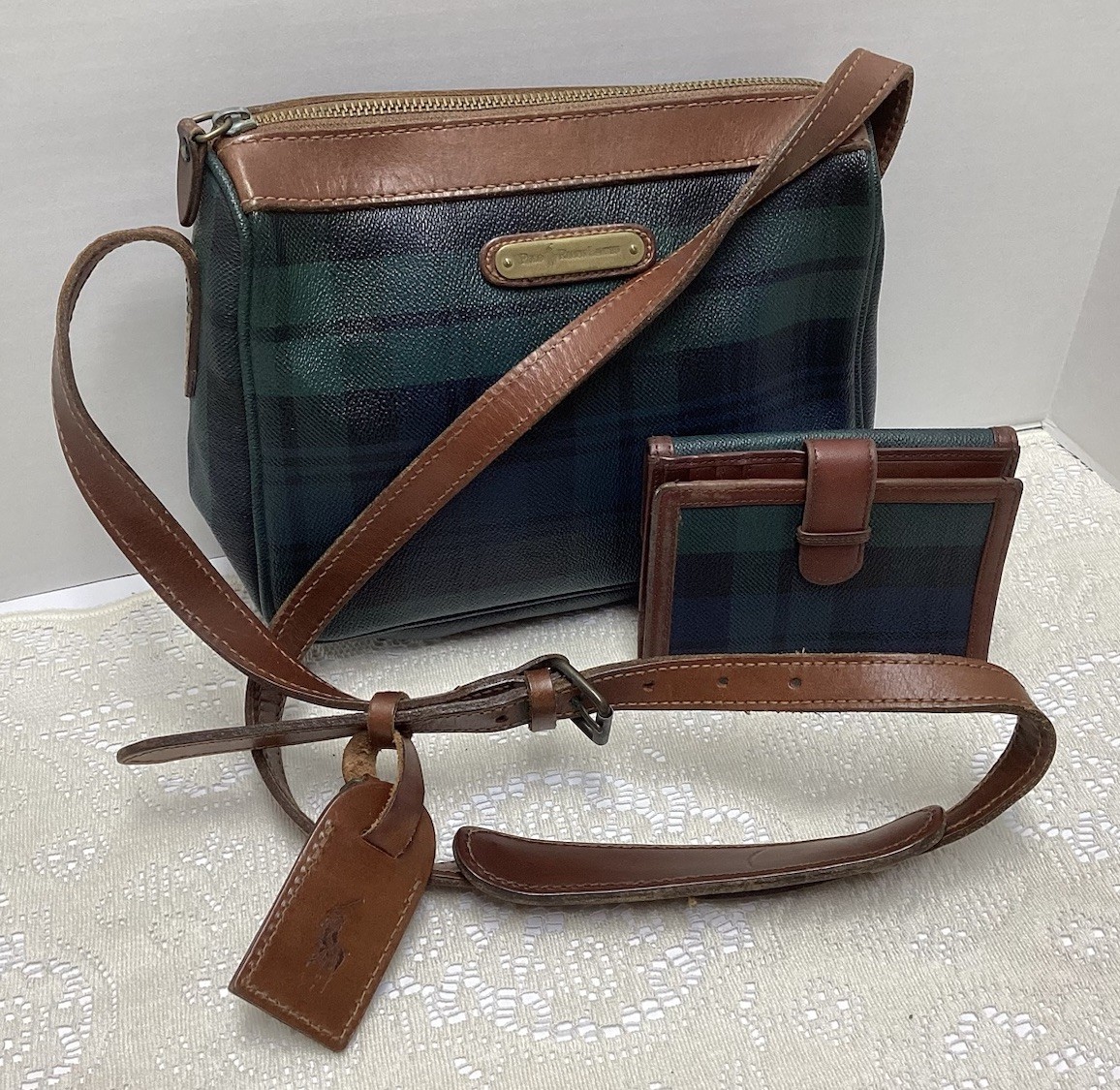 Vtg Polo Ralph Lauren Tartan Plaid Crossbody Bag & Billfold Brown Leather Trim