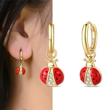 KUNSIR 925 Sterling Silver Gold Plated Ladybug Drop Earrings For Women Jewelry