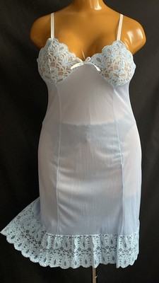 Vintage 50s Full Slip Petticoat, Pale Blue Slippery Sheer Nylon & Lace, UK 14 
