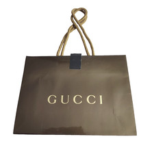 VTG Authentic GUCCI Brown Paper Shopping Gift Bag Gold Logo Glossy