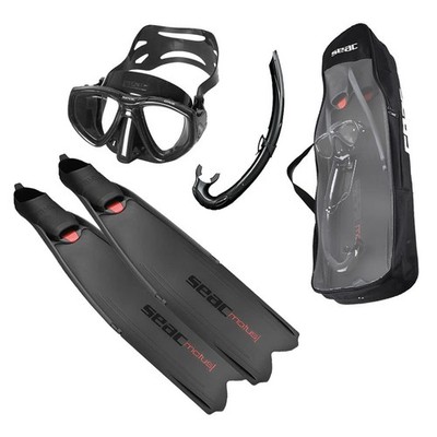 SEAC Tris Motus Set   Long Fins, Mask, Snorkel & Bag, Black, Size 8-8.5