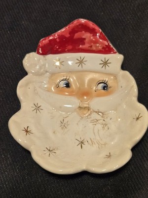 Vintage Holt Howard Santa Face Candy & Nut Ceramic Tray Dish 6189 Gold Trim READ