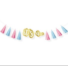 THE BIG GENDER REVEAL BABY SHOWER "It's a" Pink  Blue Tassel Banner Decor NEW