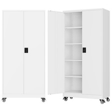 Metal Garage Storage Cabinet with Wheels,Storage with Adjustable Shelves,White