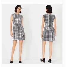 Ann Taylor Women's 12 Black White Fringe Tweed Flare Plaid Dress Mini Sleeveless