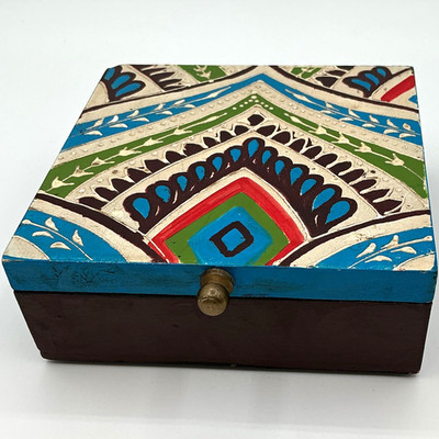 Pier 1 Imports Wood Square Coaster Set of 4 w/ Box, Multicolor Geometric