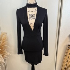 Windsor Deep V-neckline & High Choker Black Long Sleeve Dress size Small
