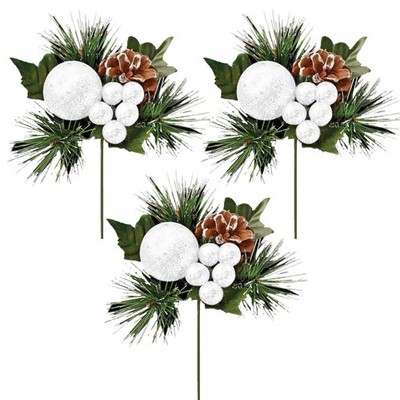 Künstlicher Weihnachtsstiel mit Glitzerkugeln Beeren und Tannenzapfen - 3x weiß