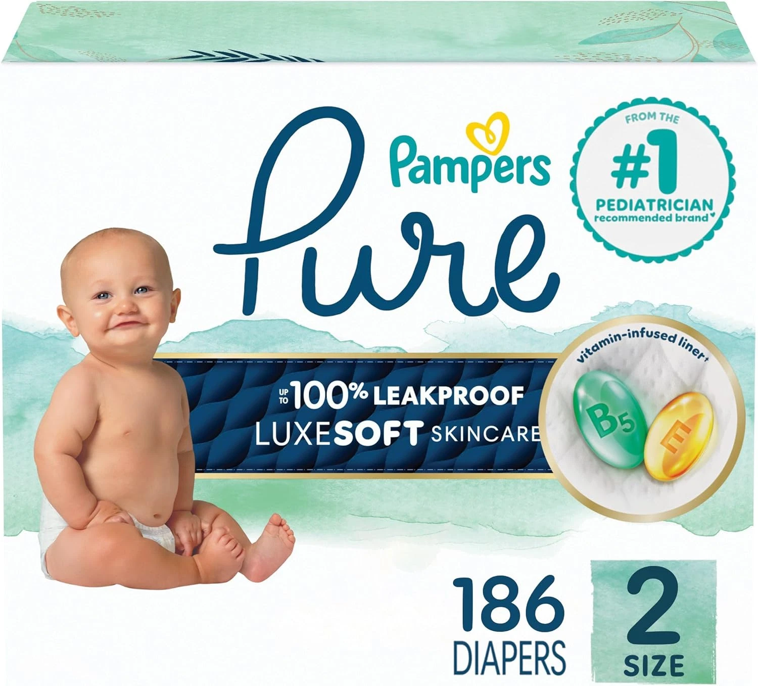 Pampers Pure Baby Diapers Size 2 186 100% Leakproof