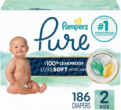 Pampers Pure Baby Diapers Size 2 186 100% Leakproof