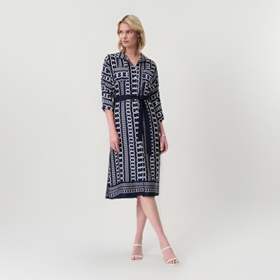 Joseph Ribkoff Chain Print Shirt Dress Size 16  Midi Belted Waist Blue Business