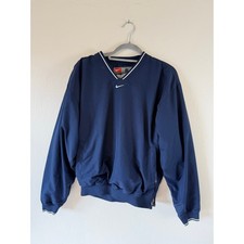 Vtg Nike Windbreaker Jacket Mens S Blue Pullover Lined V Neck Center Swoosh Zip