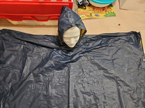Vintage Poncho PVC Rain Outdoor Waterproof Hood One Size Navy Blue 