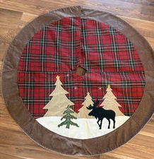 Rustic Moose Red Plaid Christmas Tree Skirt 48” Round Lodge Cabin Woodland