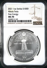 :2021 100 DINAR/1 OZ SILVER SERBIA NGC MS70(PL) TESLA FREE ENERGY R4 TOP POP 