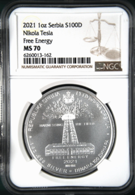 2021 100 DINAR/1 OZ SILVER SERBIA NGC MS70(PL) TESLA FREE