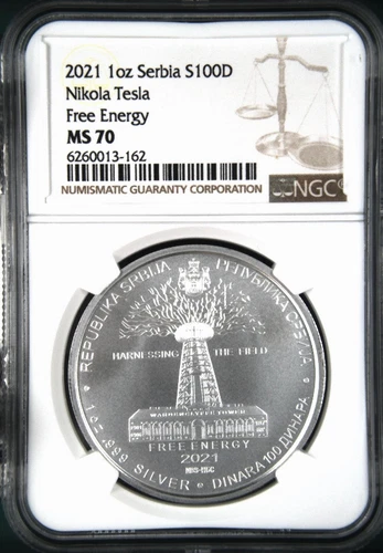 :2021 100 DINAR/1 OZ SILVER SERBIA NGC MS70(PL) TESLA FREE ENERGY R4 TOP POP