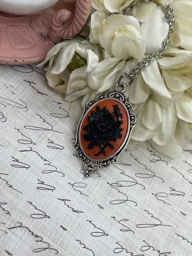 Silver Black Red Gothic Dead Rose Heart Wedding Jewelry Birthday necklace Cameo - Picture 3 of 13