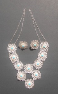 Antique 19th Century Chinese Sterling Silver and Turquoise Necklace and Earrings