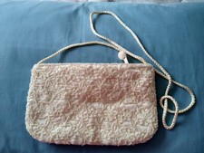 Carla Marchi Vin Evening Bag, White Beads Sequins, Zipper, Braided Cord Strap