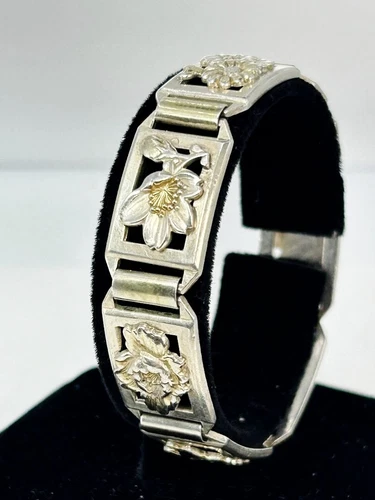 Sterling Silver Floral Panel Bracelet 32 Grams 7" L Stamped Silver
