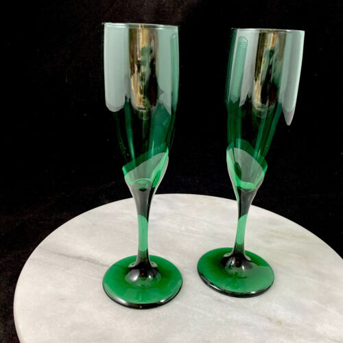 Vintage Set Of Two, Libby Premier Dark Green Champaign Glasses Stemware - Picture 1 of 3