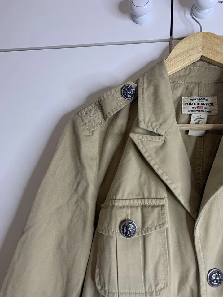 Vintage Ralph Lauren Womens Military Style Beige Denim Jacket Size XL - Image 3 of 4