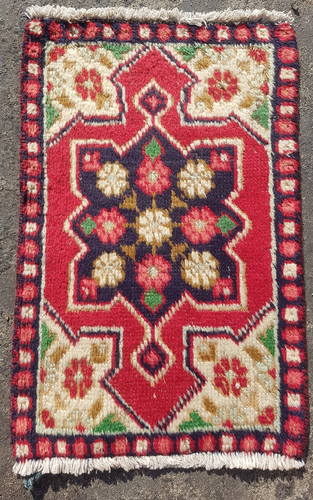 Vintage Hand Made Traditional Rug Oriental Wool Multicolor Carpet 64x42 cm