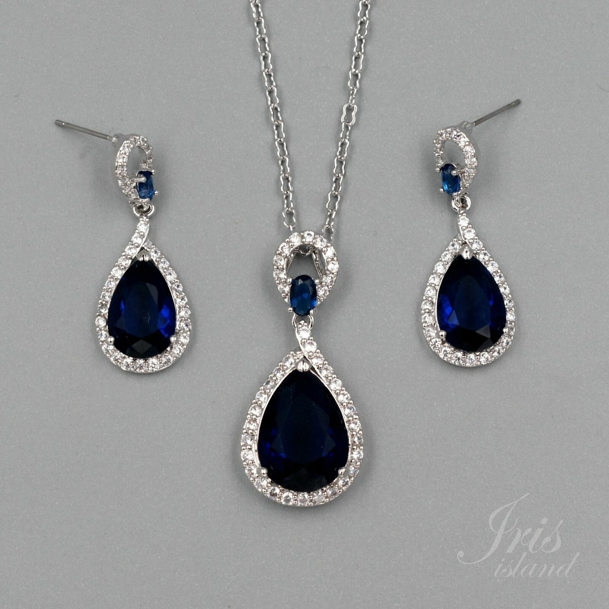 Women Blue Cubic Zirconia CZ Necklace Pendant Earrings Wedding