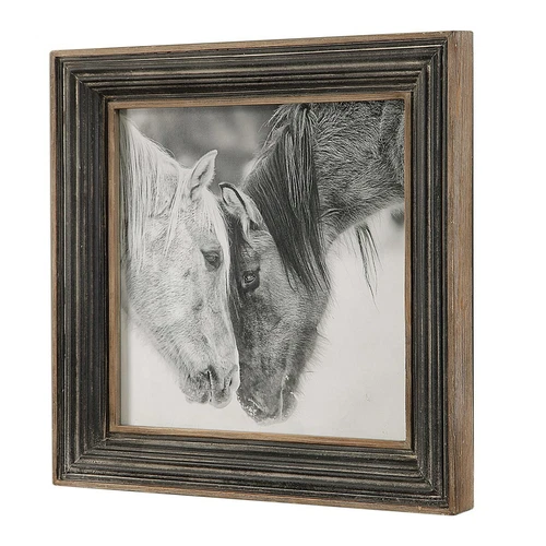 FARMHOUSE STYLE 32" HORSE PRINT AGED WOOD & METAL FRAME ART UNDER GLASS 51110 - Picture 4 of 7