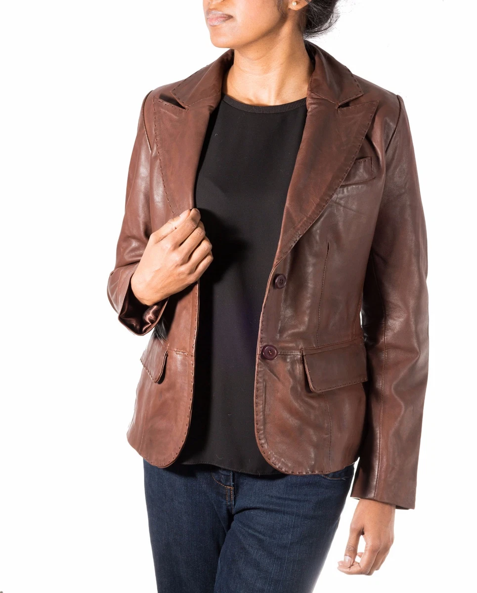 Ladies Brown Two Button Fitted Classic Casual Tailored Blazer