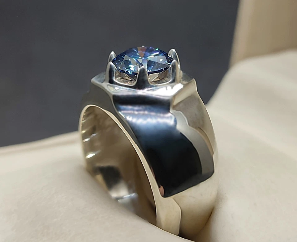 Round Cut Rare 2 Ct Deep Blue Moissanite Diamond 925 Silver Mens Star Shape Ring - Image 2 of 4