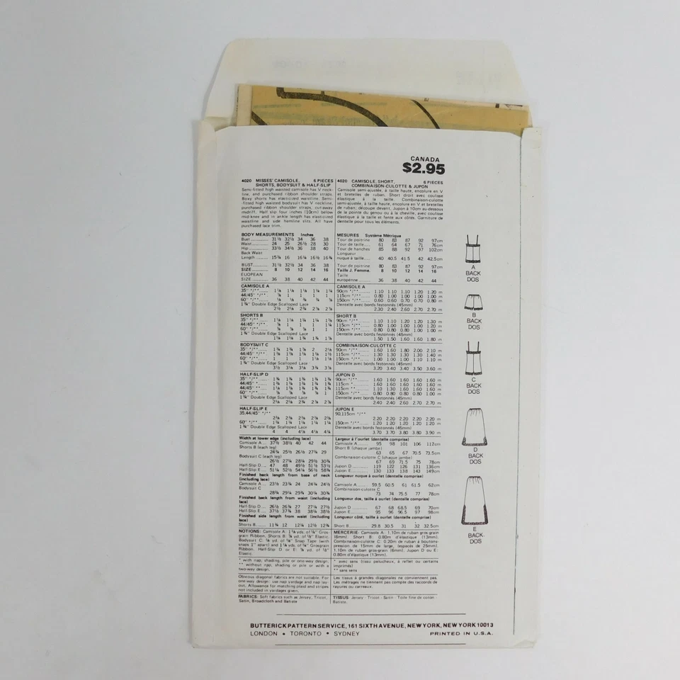 Butterick 4020 Misses Camisole Shorts Bodysuit Half Slip Sewing Pattern Size 14 - Image 3 of 4