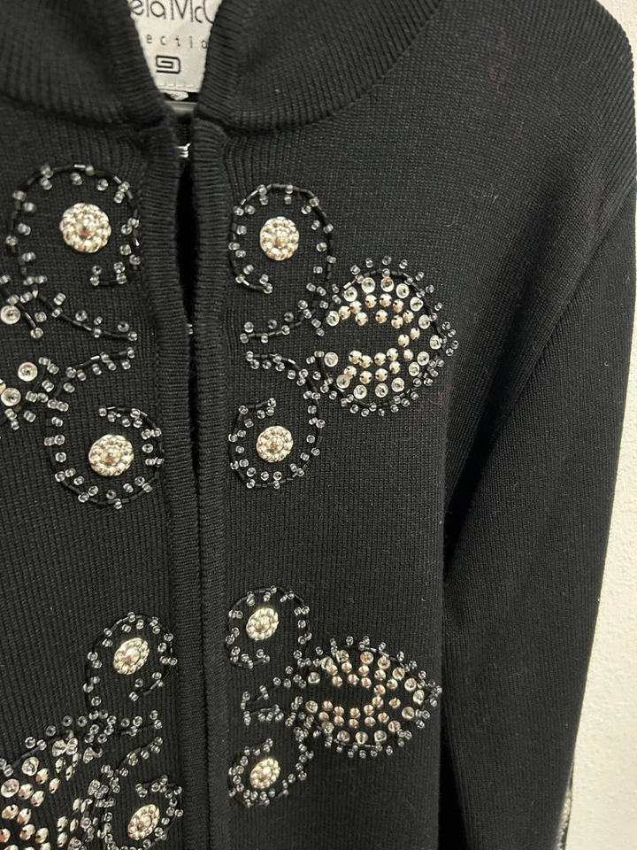 Cárdigan Suéter Pamela McCoy Negro Adornado Manga Larga Detalles Estrás Foto 4 de 4