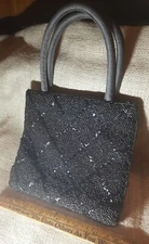 VTG handbag BEADED EVENING BAG PURSE, rope handles Black/Silver by Magid, 6.5"
