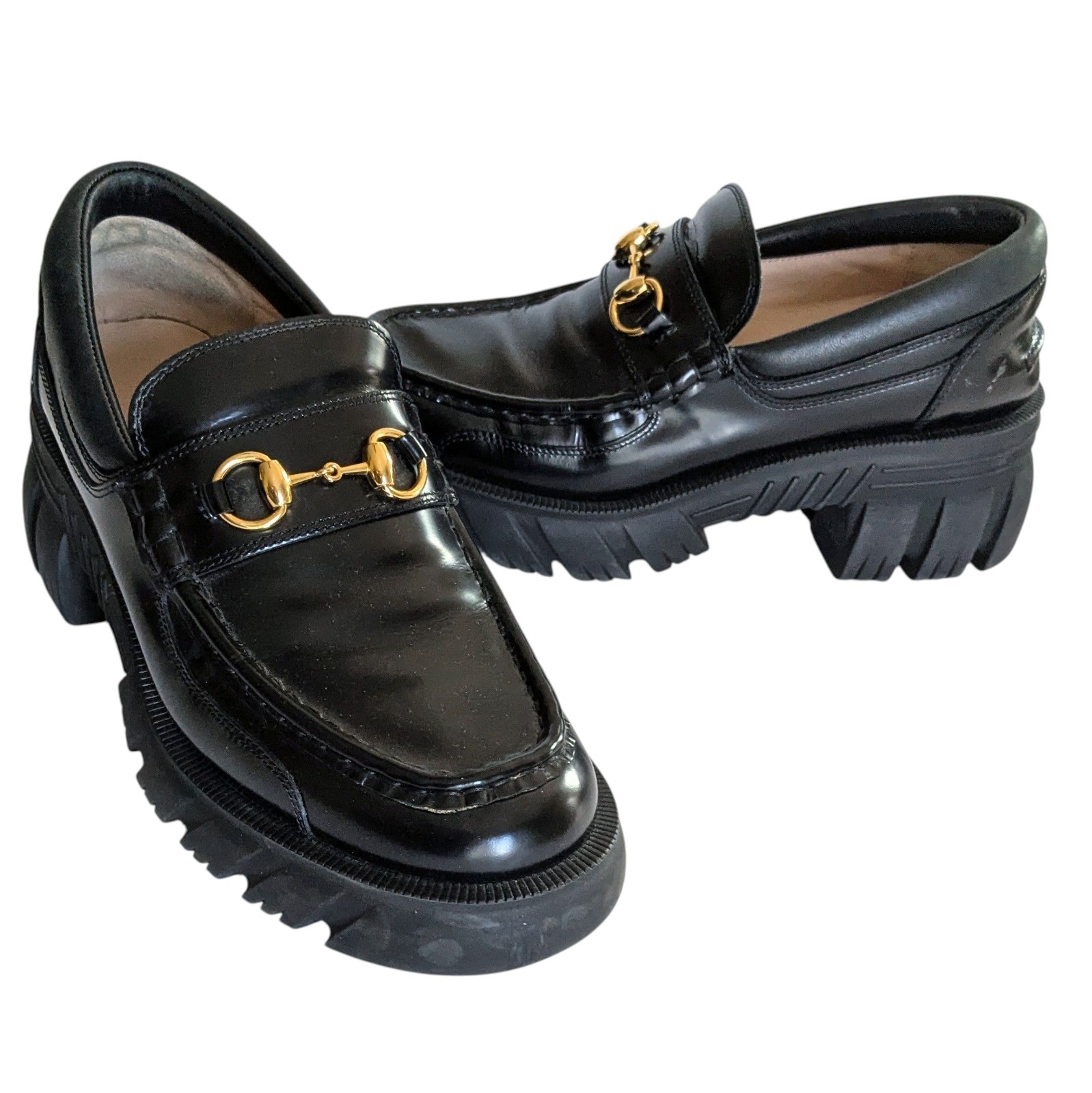 SAOLA Mocassini Gucci Horsebit platform suola a strappo pelle nera donna logo EU 41 5 US11 5