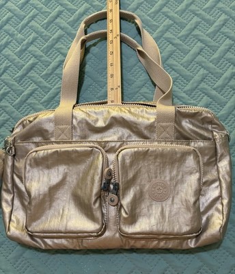 Kipling Nylon Satchel Travel Tote Weekender Duffel Bag Charm Champagne Metallic