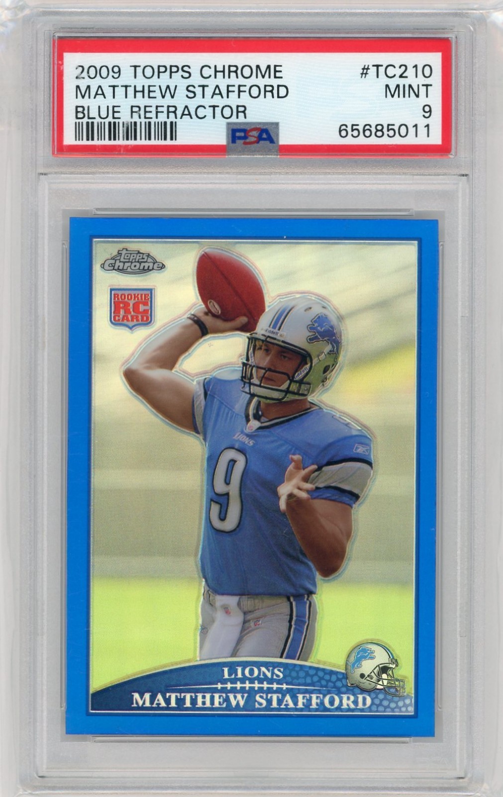 2009 Topps Chrome Football #TC210 Matthew Stafford Blue Refractor Rookie PSA 9