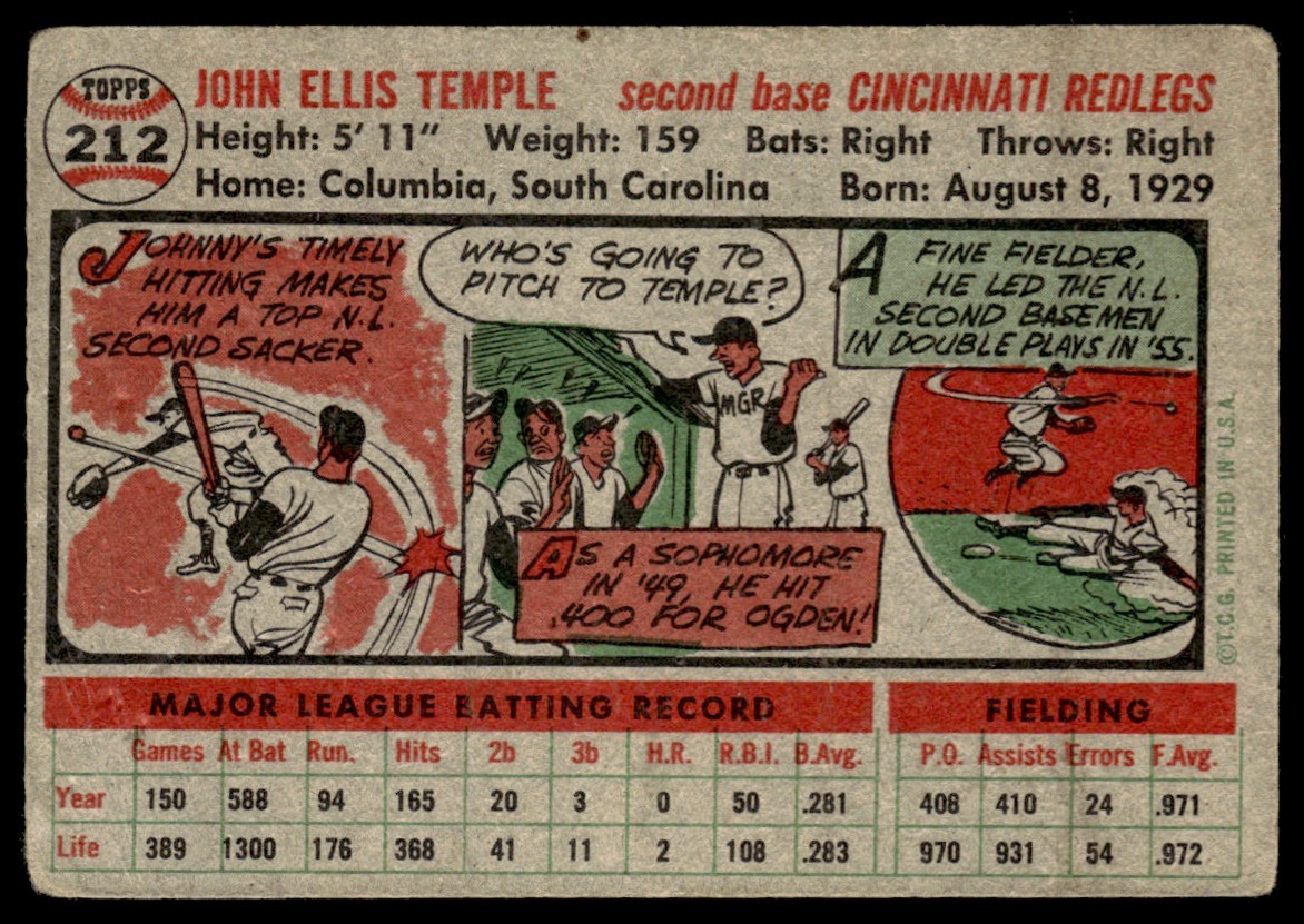 1956 Topps Johnny Temple Cincinnati Redlegs #212 | eBay
