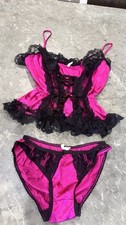 True VTG 2 Piece Sz S Pink satin W/ Lace Lingerie Set 70  s Cami W/Panties Nylon