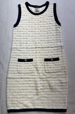 Chanel Ivory Knit Shift Dress with Navy Trim and Pockets  size 36