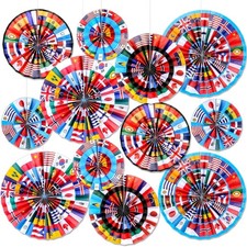 12 Pcs International Flags Party Decorations around the World Hanging Paper Fans