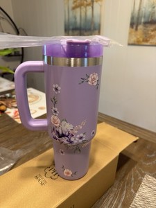 Princess House Purple Floral 31-40oz Stainless Tumbler Handle Slide-Lock Lid