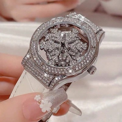 Women's Watch Snow Flake Spinner Transparent Back CZ White Leather Band Qualtz